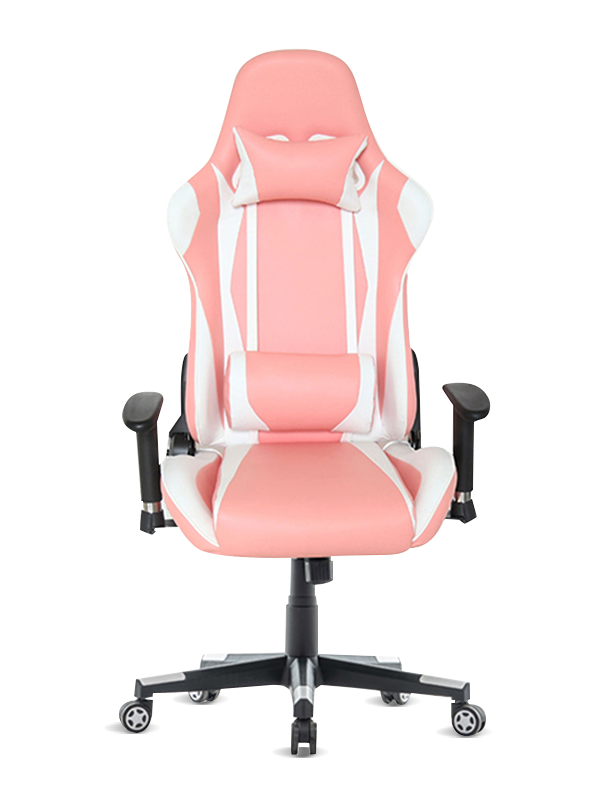 Ergonomischer 2D-Gaming-Bürostuhl mit Metallrahmen, weiß-rosa, drehbar  Ergonomischer 2D-Gaming-Bürostuhl mit Metallrahmen, weiß-rosa, drehbar